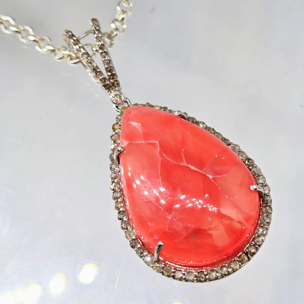 ?JOlly Rancher-pink’ Pendant Necklace - Rhodochrosite Diamond Anti-tarnish Sterling + Crystal Strand