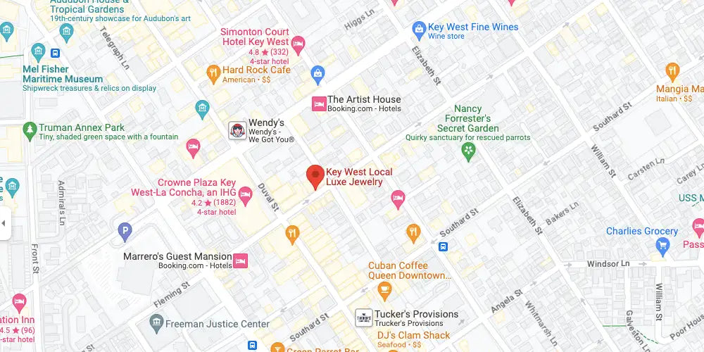 Key west local luxe jewelry, a boutique store with a red pin marker on the map.