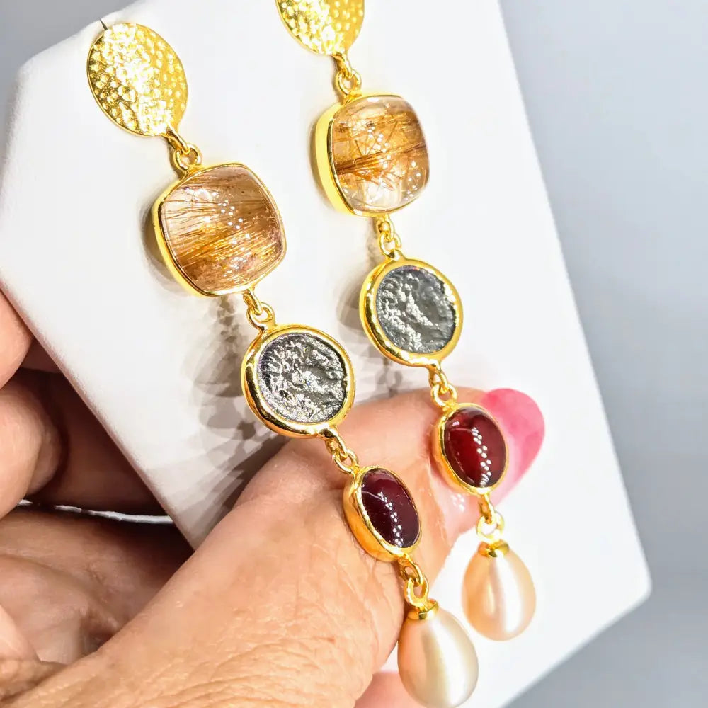 ?KEy West Sunset’ 3’’ Earrings - Rutilated Quartz Hessonite Garnet Pearl in 18k Gold Sterling - Ring