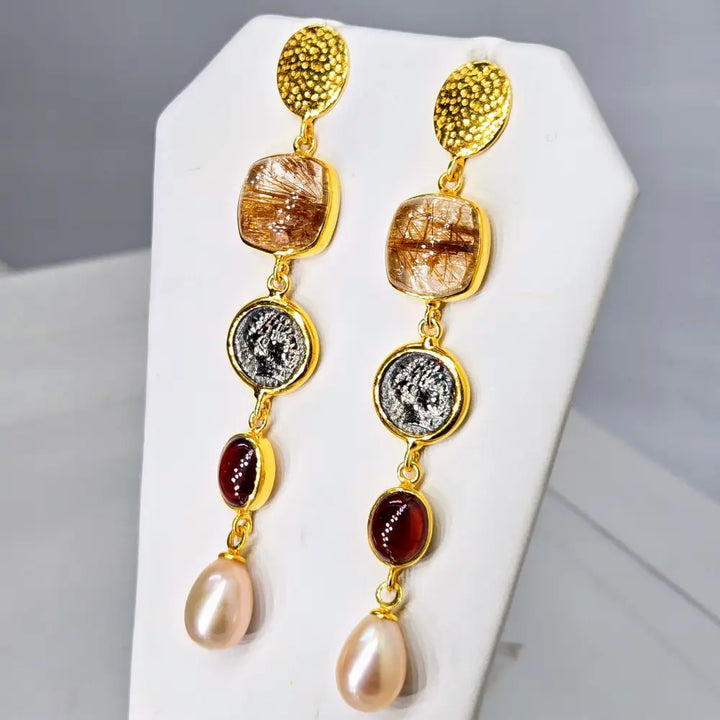 ?KEy West Sunset’ 3’’ Earrings - Rutilated Quartz Hessonite Garnet Pearl in 18k Gold Sterling - Ring
