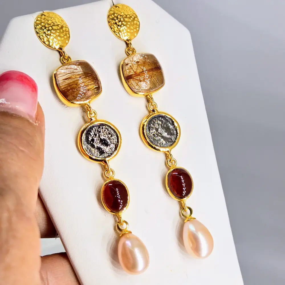 ?KEy West Sunset’ 3’’ Earrings - Rutilated Quartz Hessonite Garnet Pearl in 18k Gold Sterling - Ring