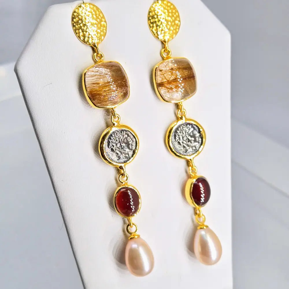 ?KEy West Sunset’ 3’’ Earrings - Rutilated Quartz Hessonite Garnet Pearl in 18k Gold Sterling - Ring