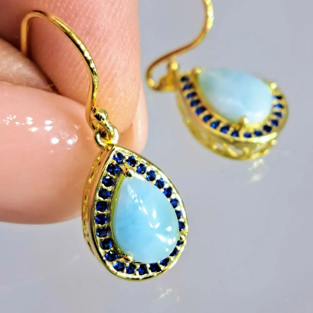 ?KEy West Vacation’ 1’’ Earrings - Larimar Sapphire Gold Sterling