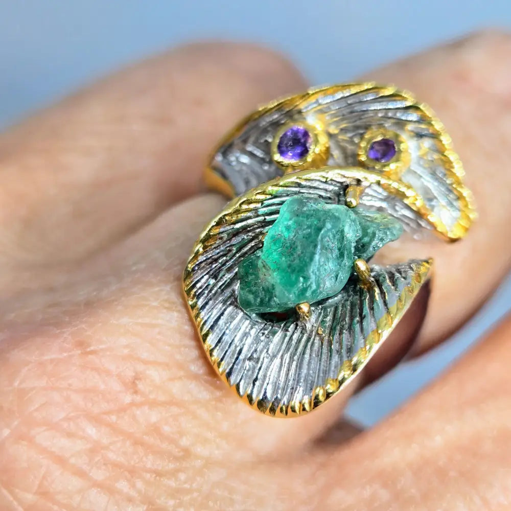 ?KRyptonite!’ Sz 8 Ring - Raw Emerald Amethyst Anti-tarnish Sterling 18k Accents