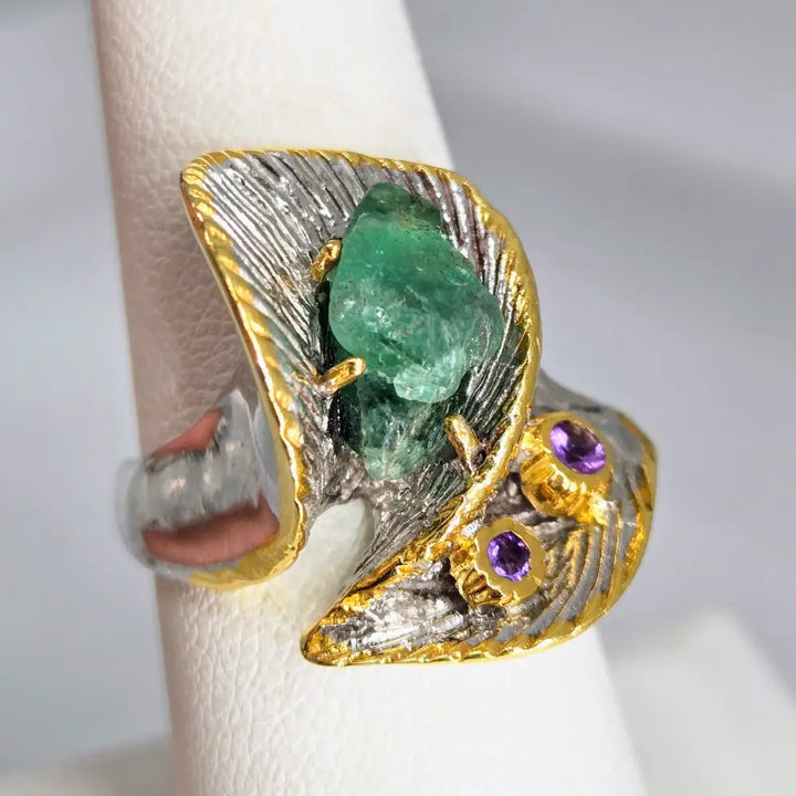 ?KRyptonite!’ Sz 8 Ring - Raw Emerald Amethyst Anti-tarnish Sterling 18k Accents