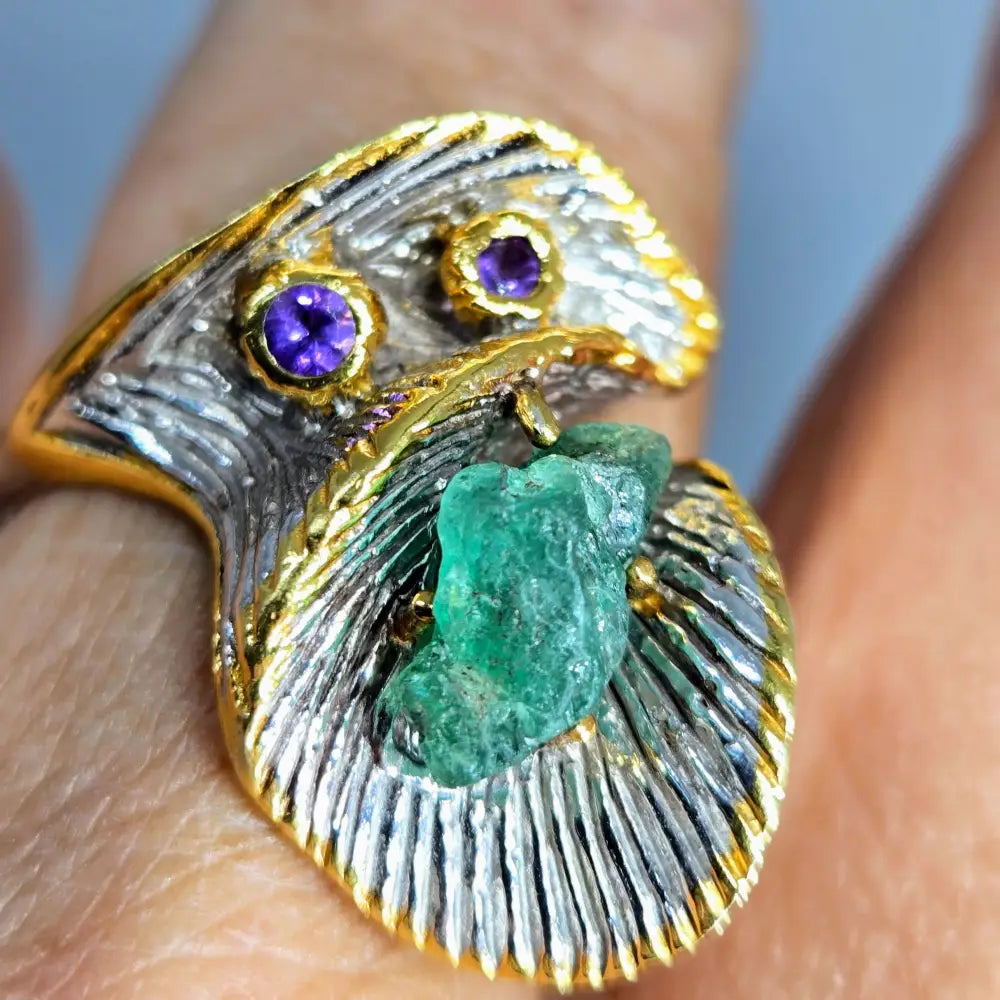 ?KRyptonite!’ Sz 8 Ring - Raw Emerald Amethyst Anti-tarnish Sterling 18k Accents