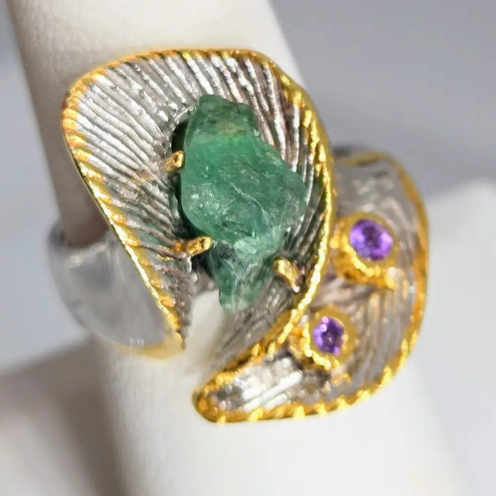 ?KRyptonite!’ Sz 8 Ring - Raw Emerald Amethyst Anti-tarnish Sterling 18k Accents