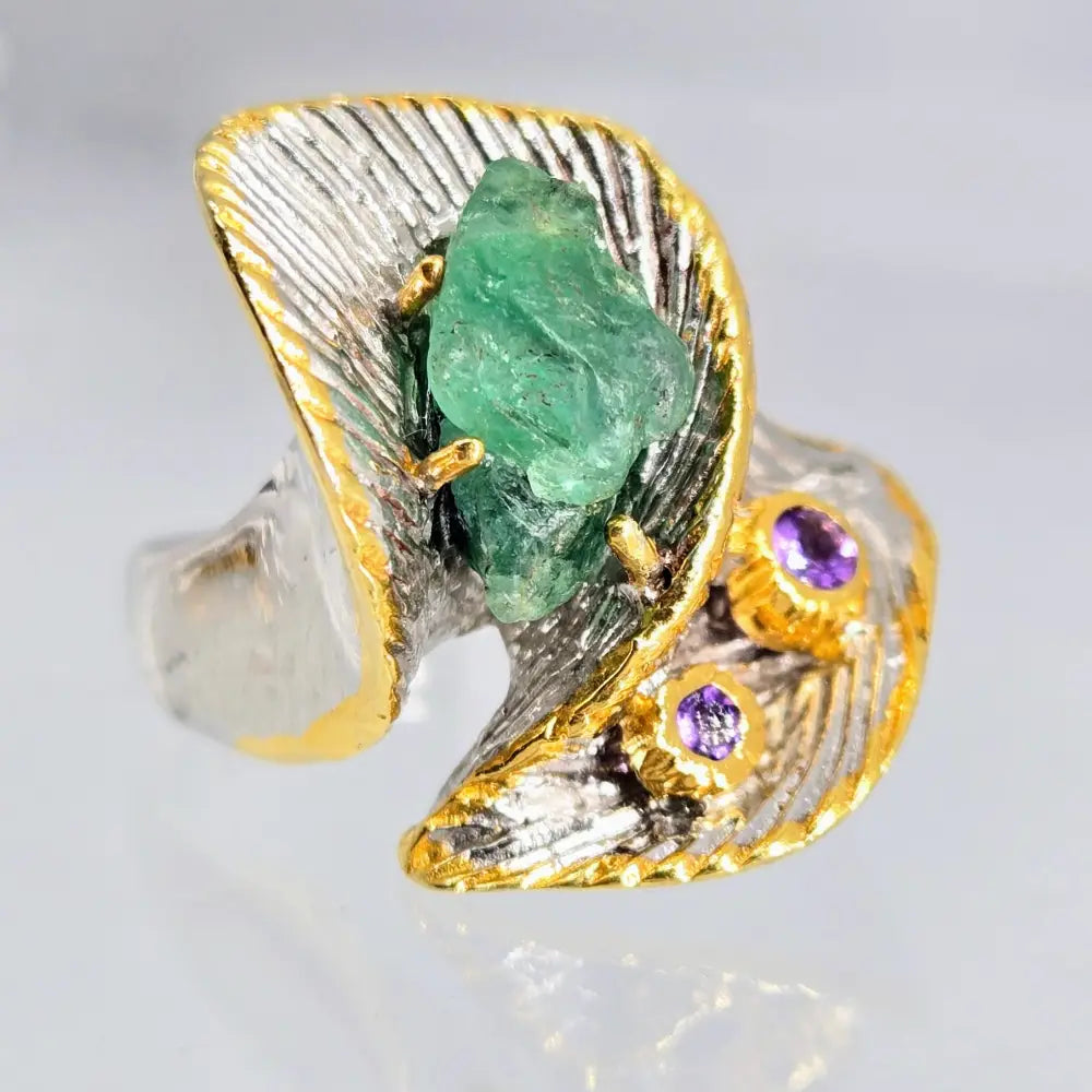 ?KRyptonite!’ Sz 8 Ring - Raw Emerald Amethyst Anti-tarnish Sterling 18k Accents