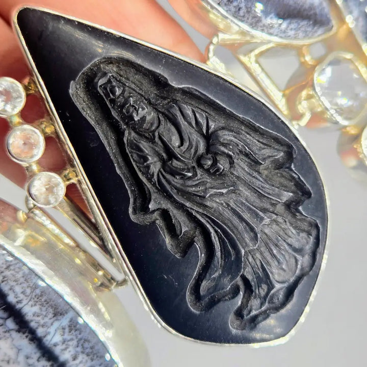 ?KWan Yin’ 7’’ - 8.5’’ Bracelet - Dendritic Opal Topaz African Blackwood Sterling