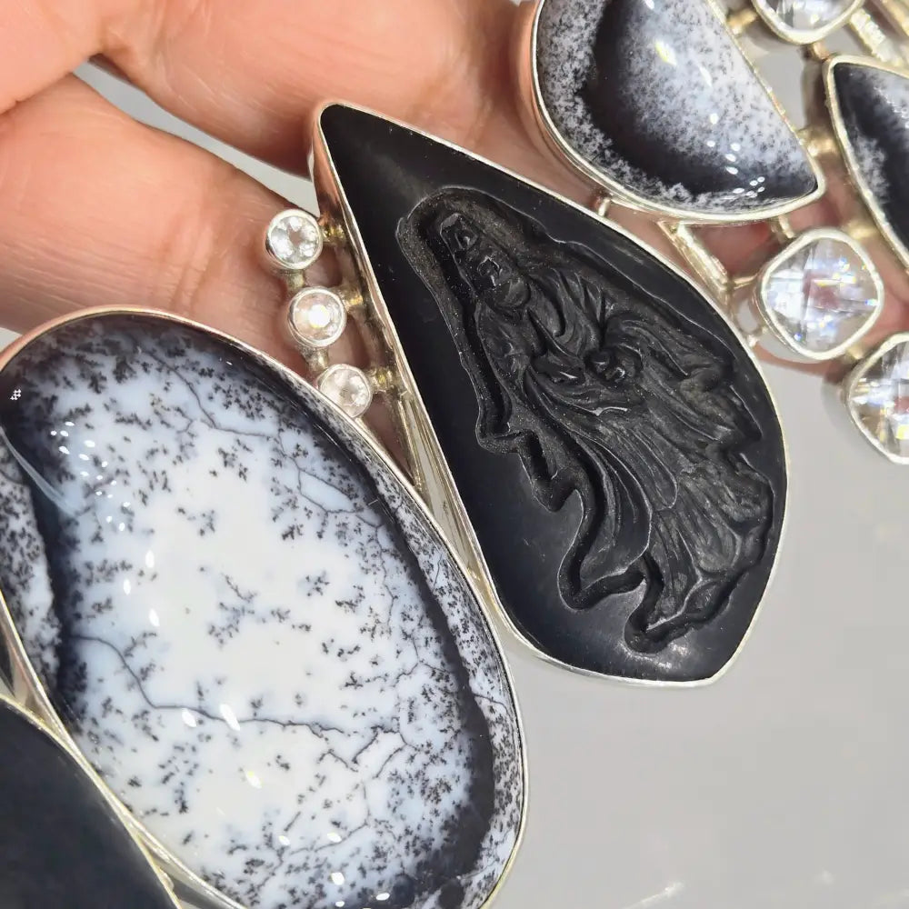 ?KWan Yin’ 7’’ - 8.5’’ Bracelet - Dendritic Opal Topaz African Blackwood Sterling