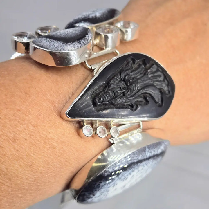 ?KWan Yin’ 7’’ - 8.5’’ Bracelet - Dendritic Opal Topaz African Blackwood Sterling