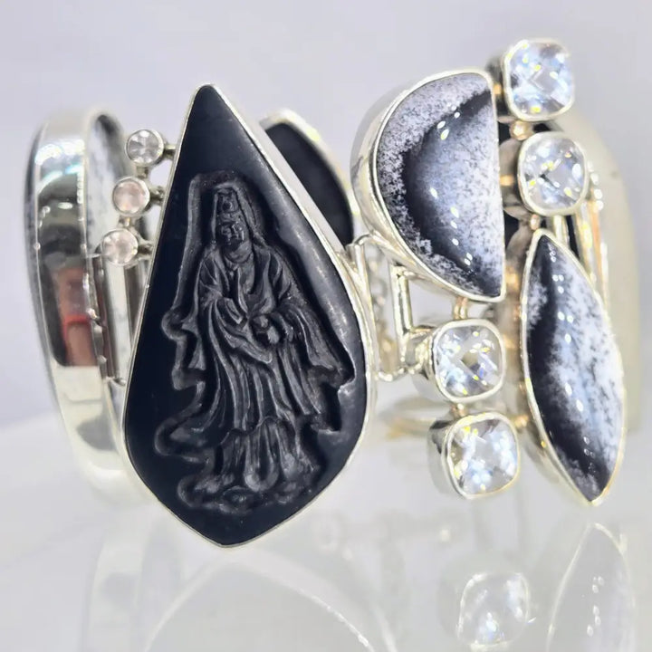 ?KWan Yin’ 7’’ - 8.5’’ Bracelet - Dendritic Opal Topaz African Blackwood Sterling