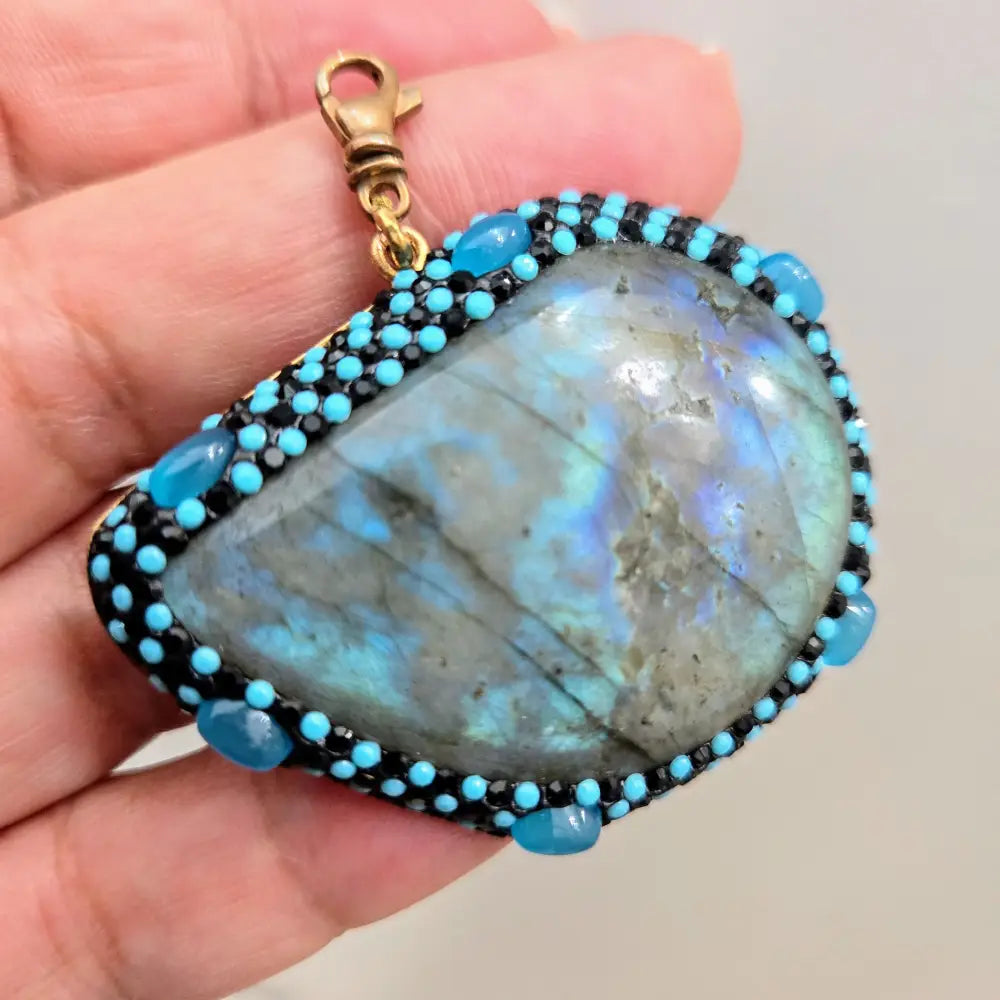 Outlet: ?Lab Slab’ 2’’ Pendant - Labradorite Chalcedony Crystal Bronze + Free Cable Necklace