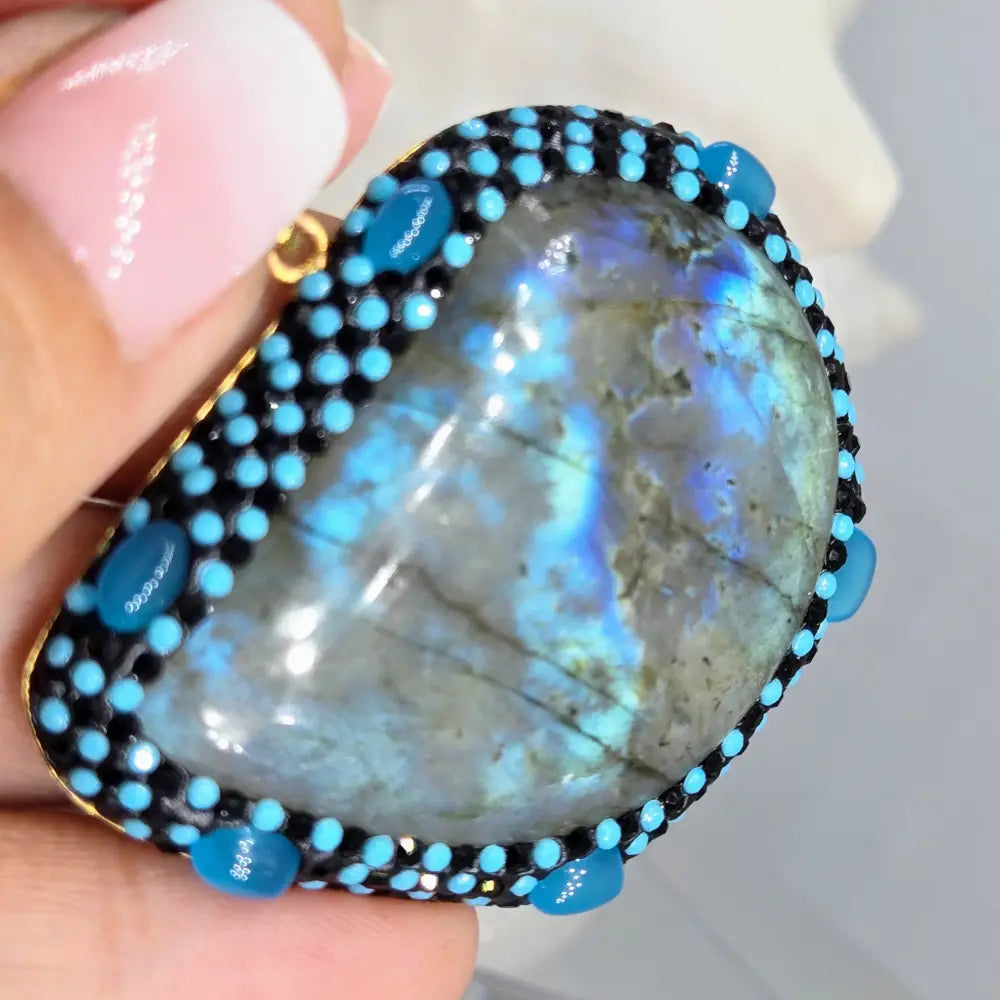 Outlet: ?Lab Slab’ 2’’ Pendant - Labradorite Chalcedony Crystal Bronze + Free Cable Necklace