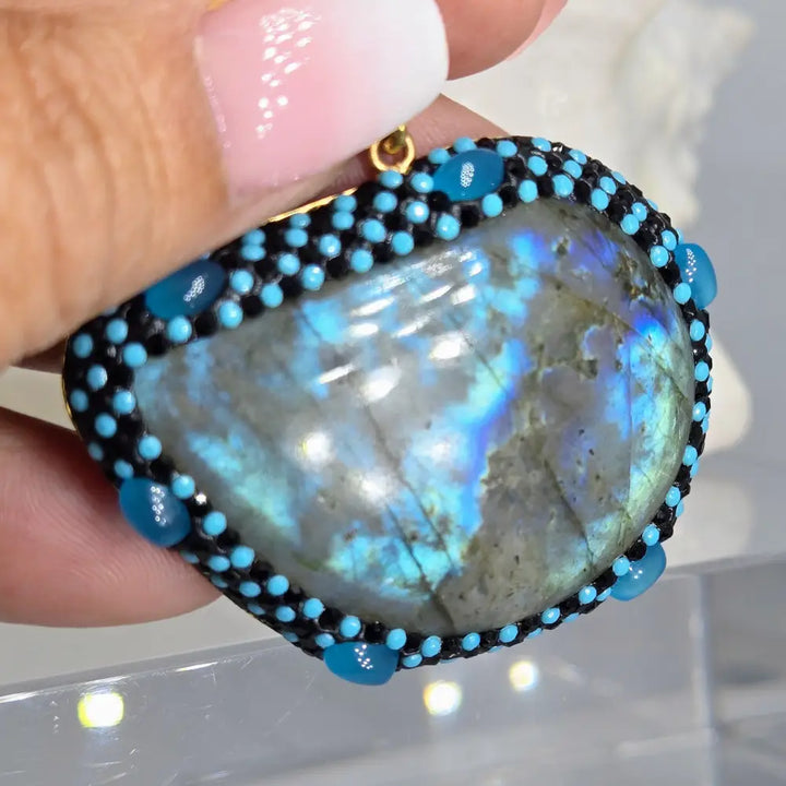 Outlet: ?Lab Slab’ 2’’ Pendant - Labradorite Chalcedony Crystal Bronze + Free Cable Necklace