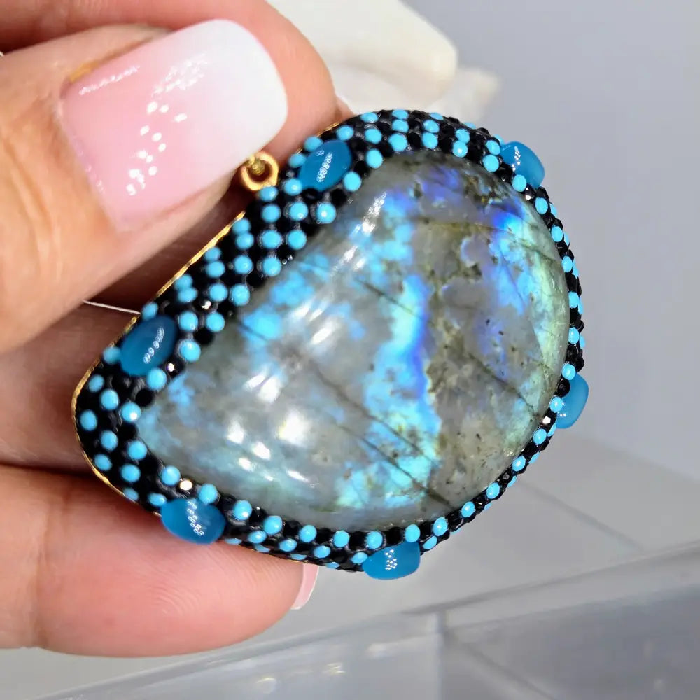 Outlet: ?Lab Slab’ 2’’ Pendant - Labradorite Chalcedony Crystal Bronze + Free Cable Necklace