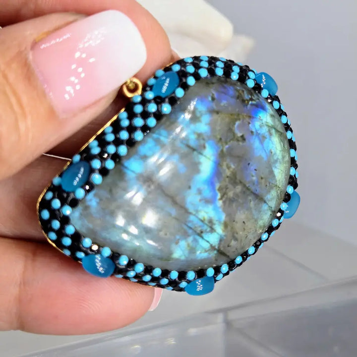 Outlet: ?Lab Slab’ 2’’ Pendant - Labradorite Chalcedony Crystal Bronze + Free Cable Necklace
