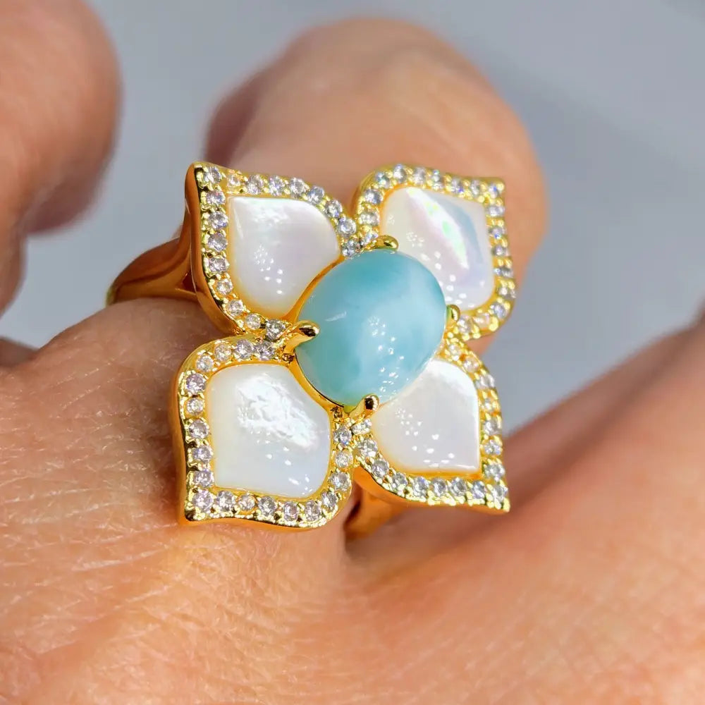 ?LIdo Deck Delight’ Ring Mother of Pearl Larimar Crystals Jewelers Brass - Necklace