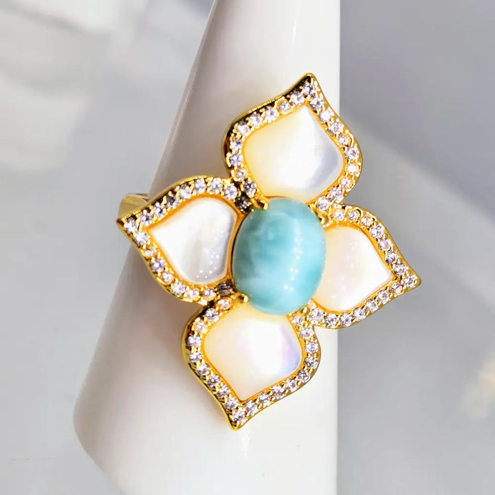?LIdo Deck Delight’ Ring Mother of Pearl Larimar Crystals Jewelers Brass - Necklace