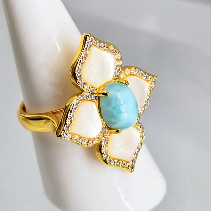 ?LIdo Deck Delight’ Ring Mother of Pearl Larimar Crystals Jewelers Brass - Necklace