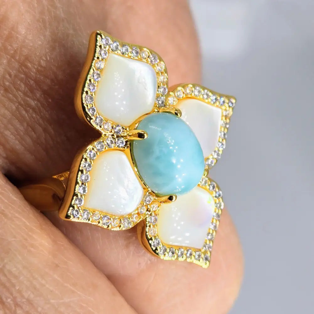 ?LIdo Deck Delight’ Ring Mother of Pearl Larimar Crystals Jewelers Brass - Necklace