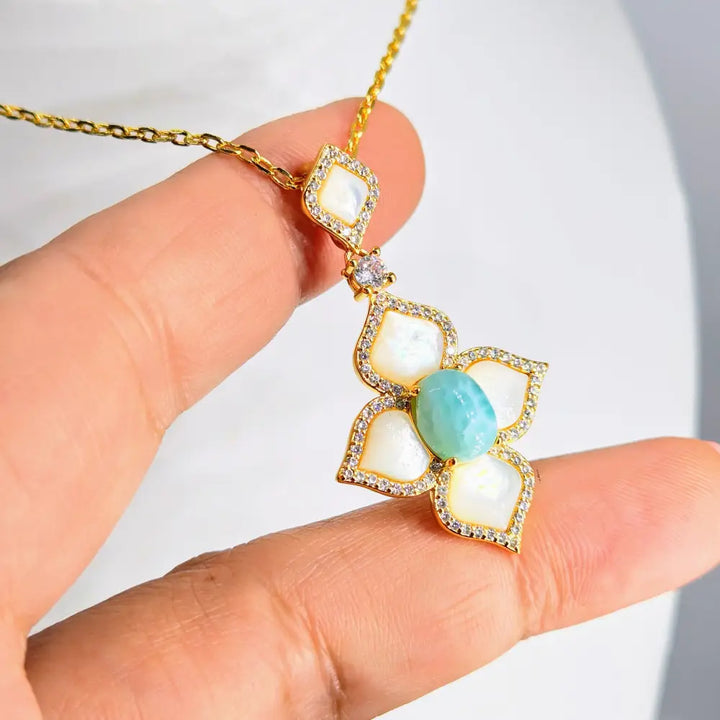 ?LIdo Deck Lovely’ 16-18’’ Necklace Mother of Pearl Larimar Crystals Jewelers Brass