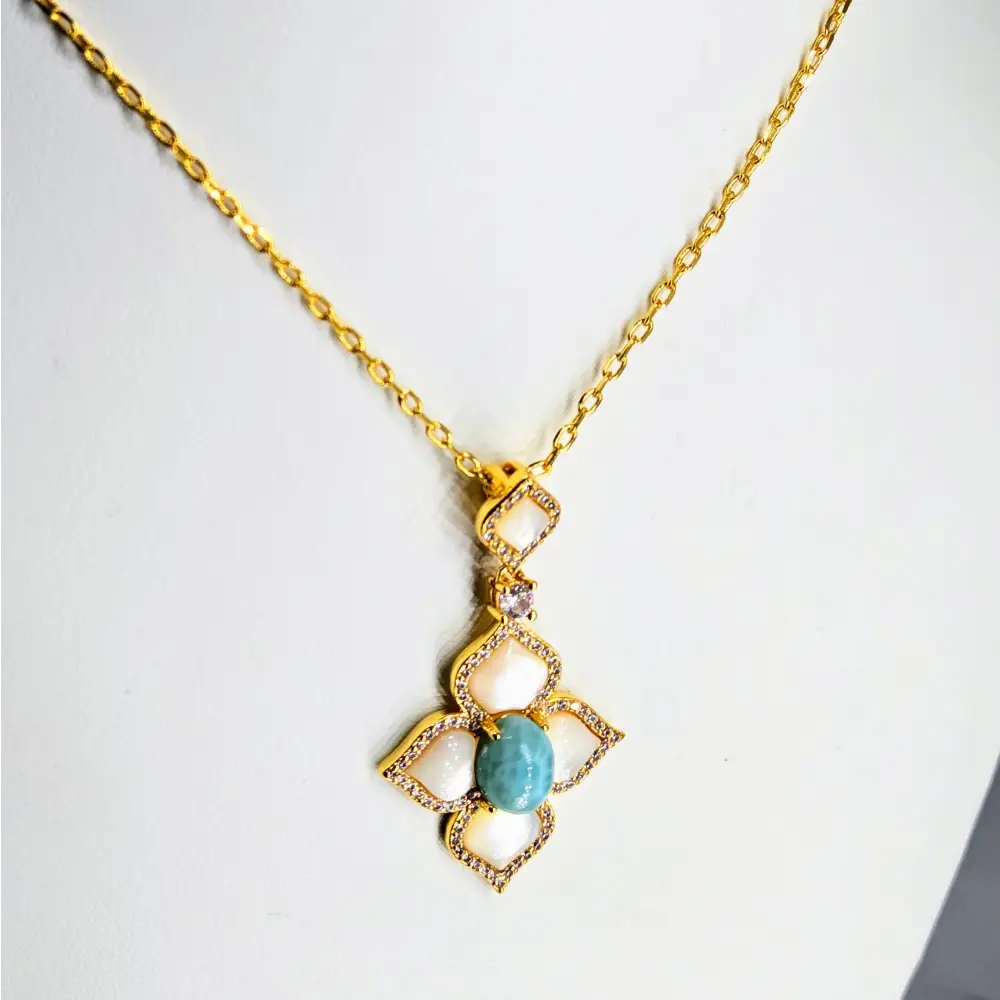 ?LIdo Deck Lovely’ 16-18’’ Necklace Mother of Pearl Larimar Crystals Jewelers Brass