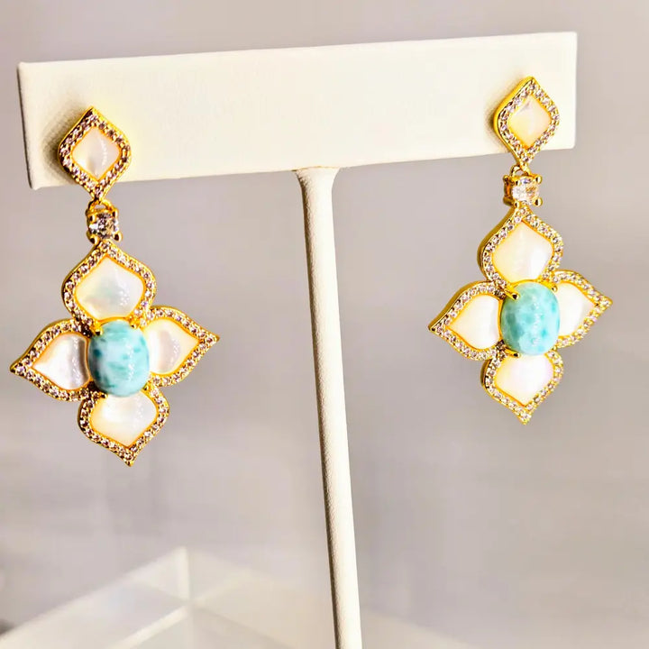 ?LIdo Deck Lovers’ 1.75’’ Earrings Mother of Pearl Larimar Crystals Jewelers Brass