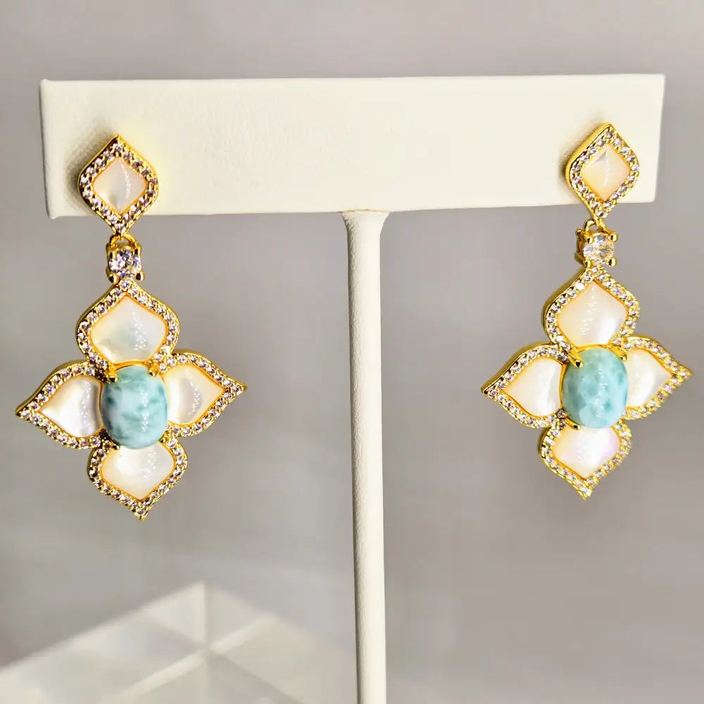 ?LIdo Deck Lovers’ 1.75’’ Earrings Mother of Pearl Larimar Crystals Jewelers Brass