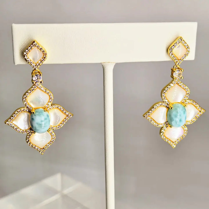 ?LIdo Deck Lovers’ 1.75’’ Earrings Mother of Pearl Larimar Crystals Jewelers Brass