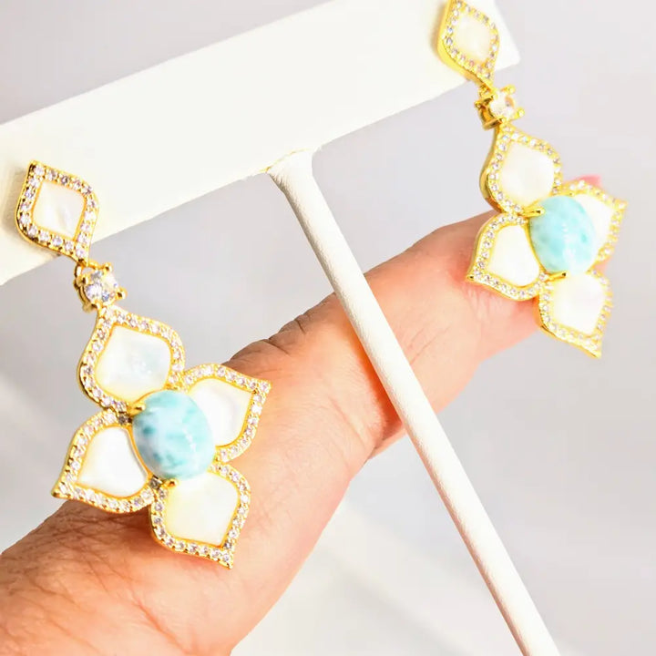 ?LIdo Deck Lovers’ 1.75’’ Earrings Mother of Pearl Larimar Crystals Jewelers Brass