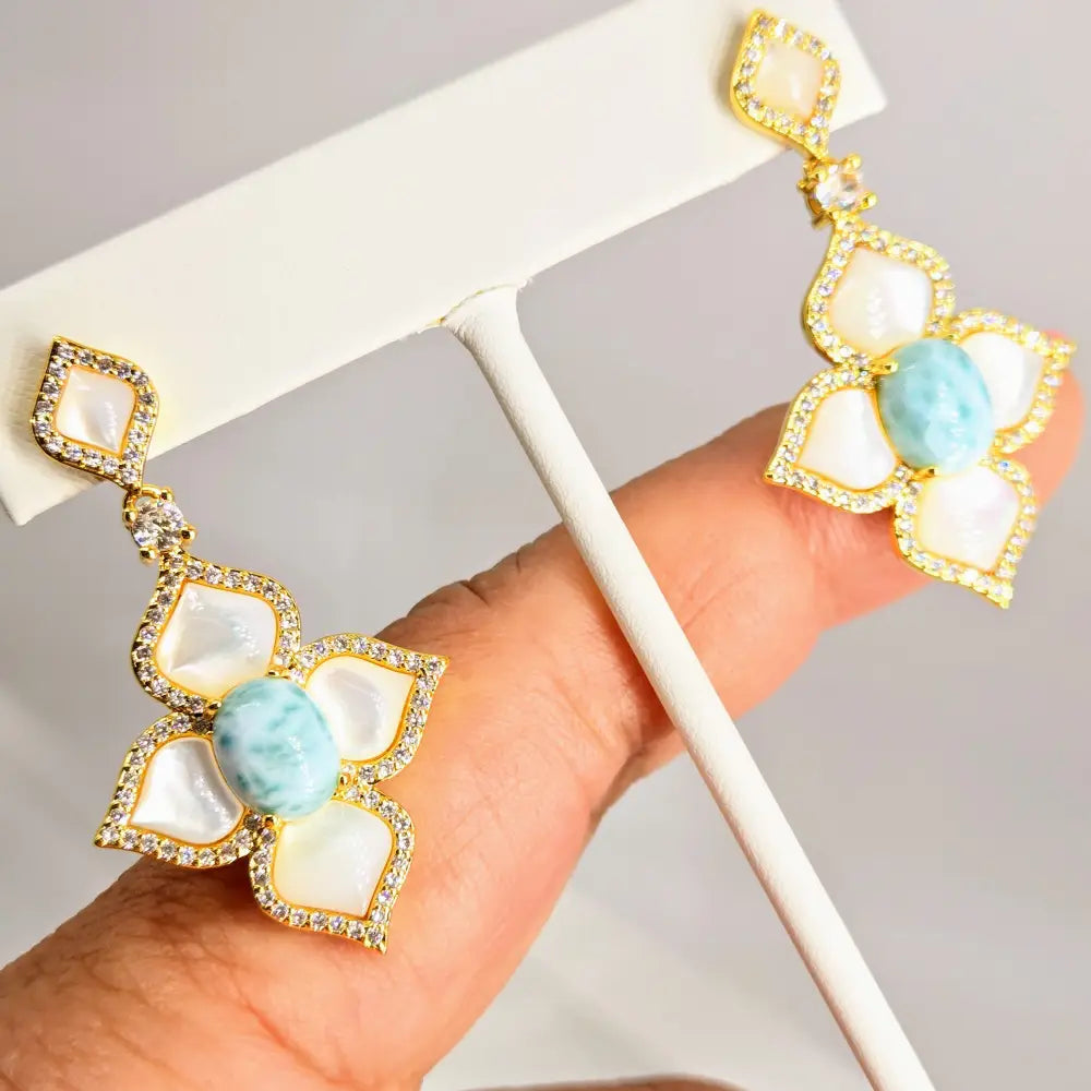 ?LIdo Deck Lovers’ 1.75’’ Earrings Mother of Pearl Larimar Crystals Jewelers Brass