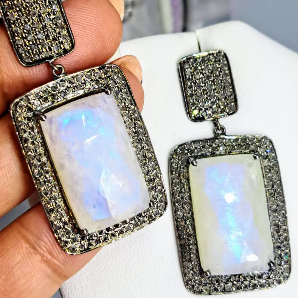 ?LIght of the Silvery Moon’ 2’’ Earrings - Moonstone Diamonds Black Sterling