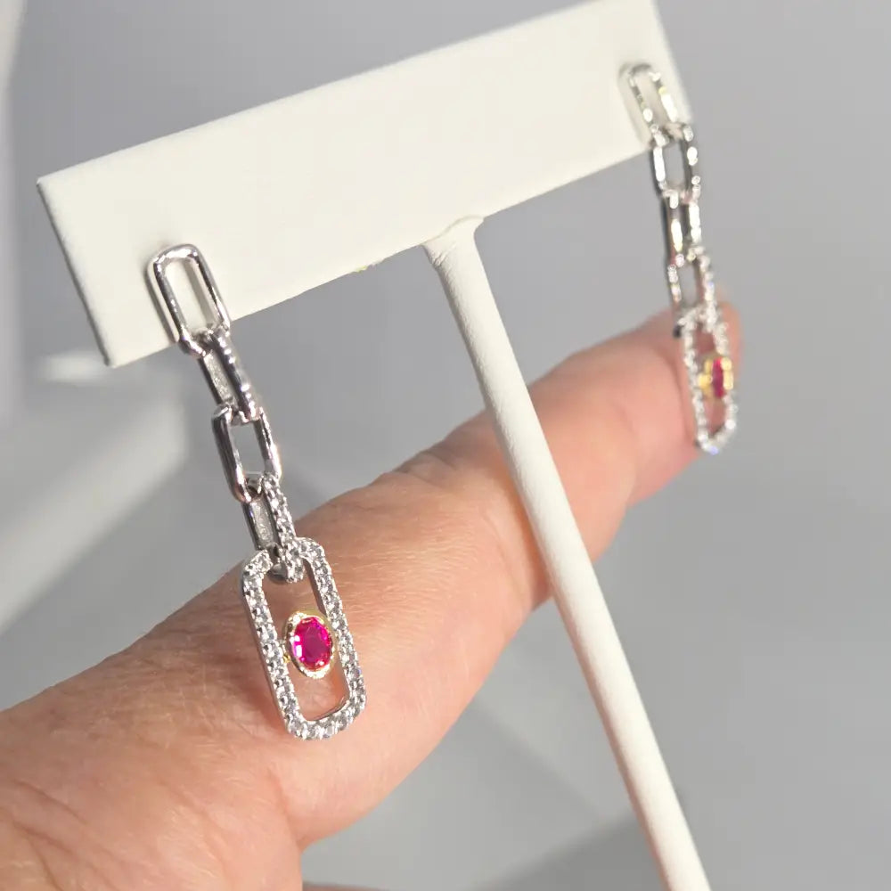 ?LOve Note’ Pink Ruby & White Zircon Paperclip Earrings - Key West Local Luxe