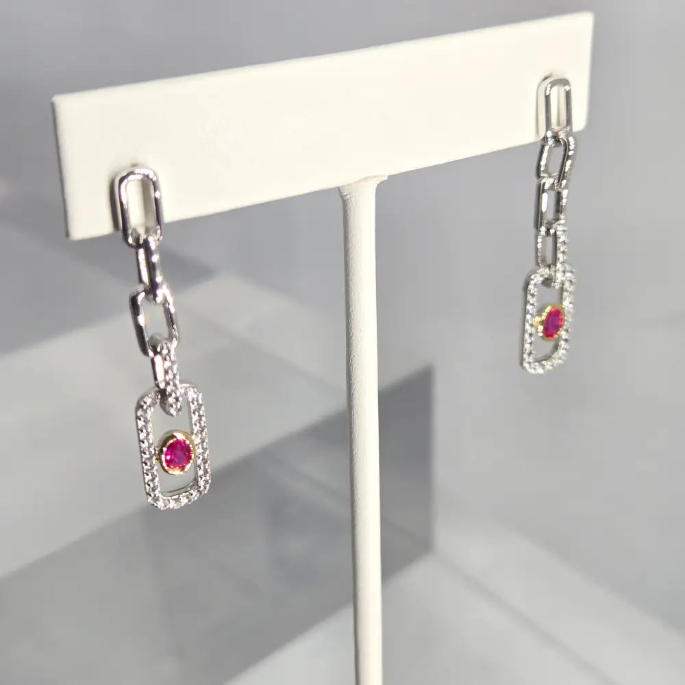 ?LOve Note’ Pink Ruby & White Zircon Paperclip Earrings - Key West Local Luxe
