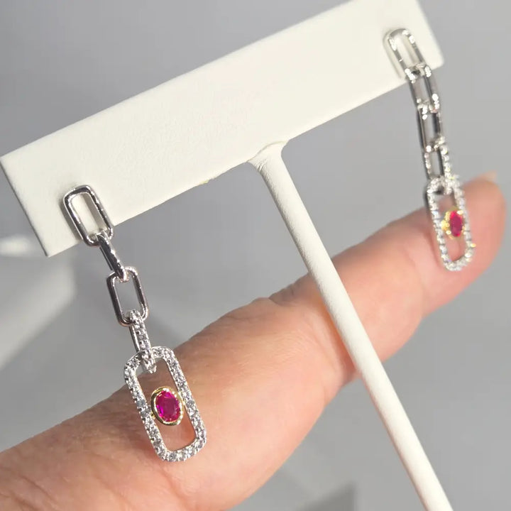 ?LOve Note’ Pink Ruby & White Zircon Paperclip Earrings - Key West Local Luxe