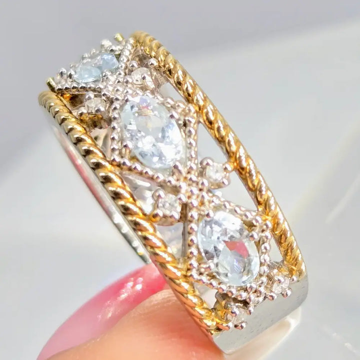 ?LOve Spell’ Sz 7 Ring - Aquamarine Diamonds Anti-tarnish Sterling 18k Accents