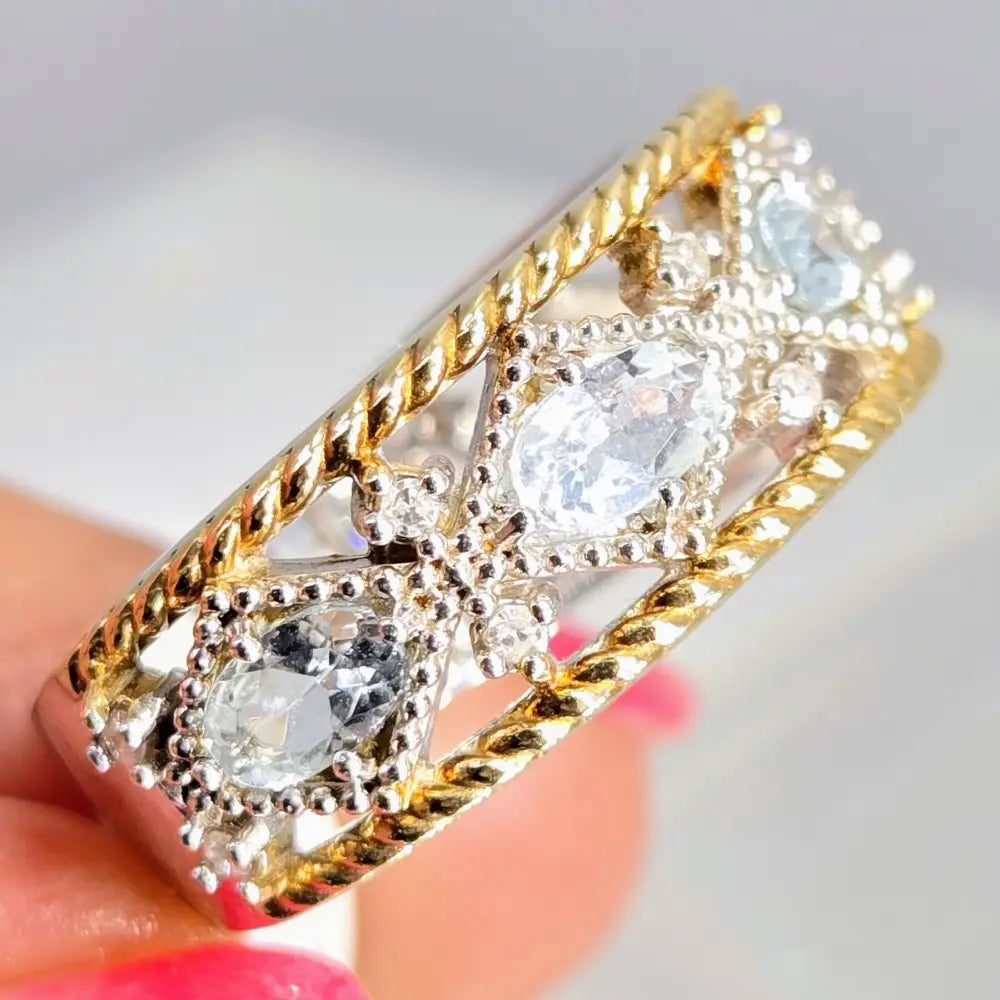 ?LOve Spell’ Sz 7 Ring - Aquamarine Diamonds Anti-tarnish Sterling 18k Accents