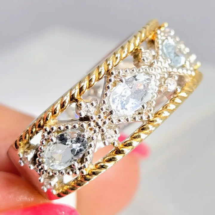 ?LOve Spell’ Sz 7 Ring - Aquamarine Diamonds Anti-tarnish Sterling 18k Accents