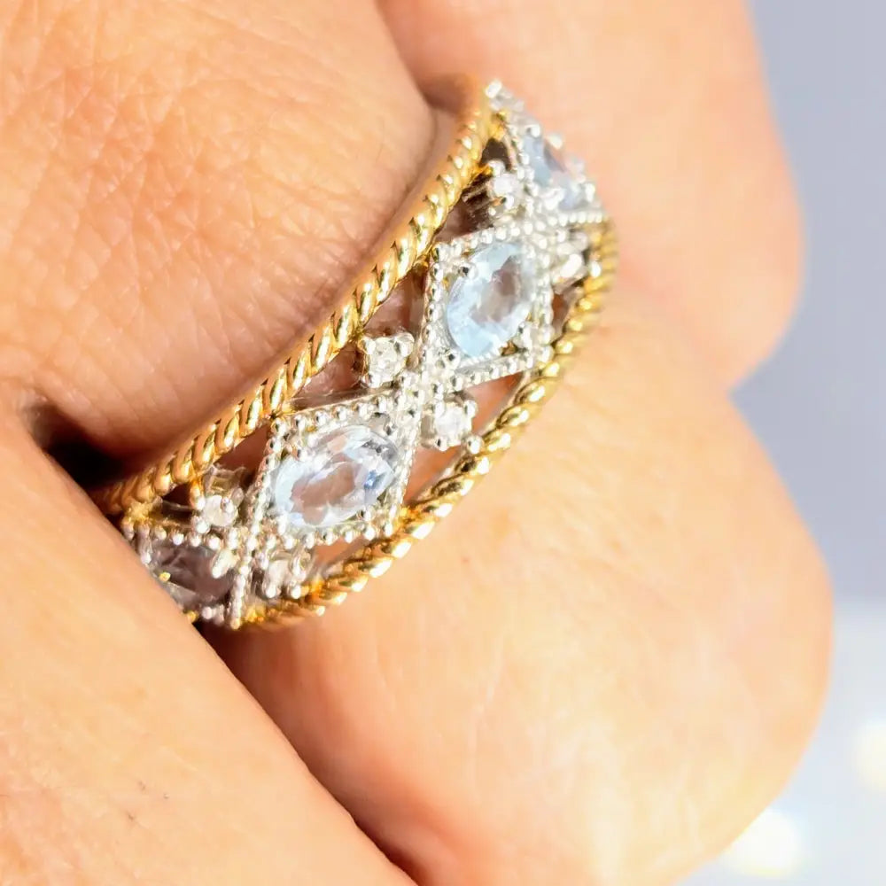 ?LOve Spell’ Sz 7 Ring - Aquamarine Diamonds Anti-tarnish Sterling 18k Accents