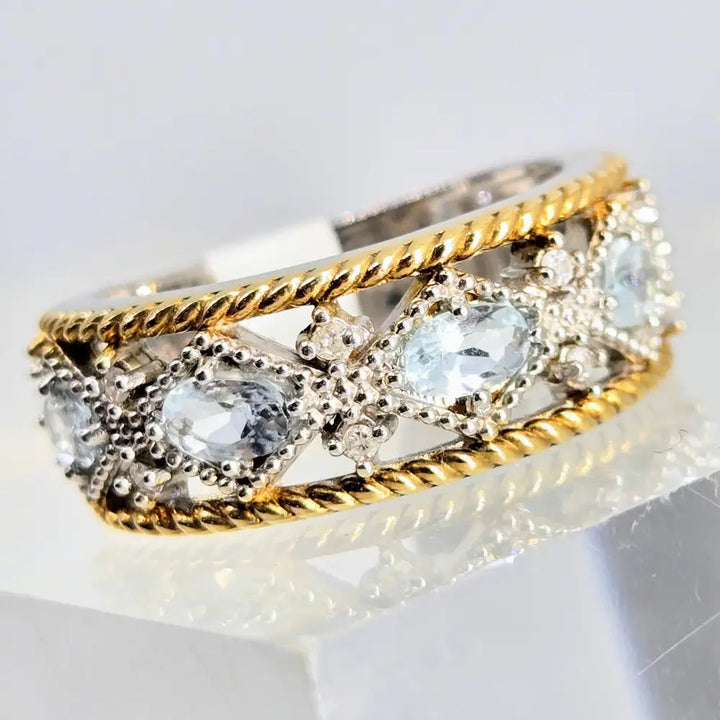 ?LOve Spell’ Sz 7 Ring - Aquamarine Diamonds Anti-tarnish Sterling 18k Accents