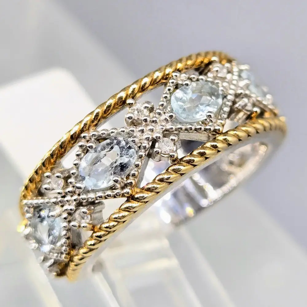 ?LOve Spell’ Sz 7 Ring - Aquamarine Diamonds Anti-tarnish Sterling 18k Accents
