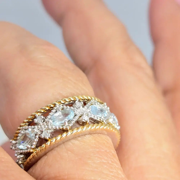 ?LOve Spell’ Sz 7 Ring - Aquamarine Diamonds Anti-tarnish Sterling 18k Accents