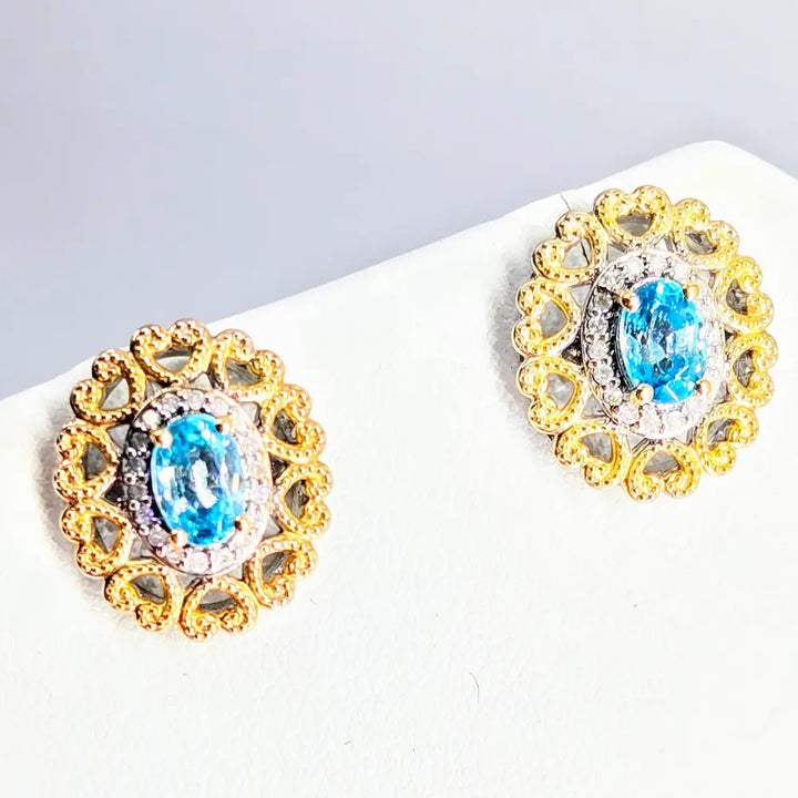 Love Story.5’’ Earrings Caribbean Topaz Diamonds Anti-tarnish Sterling