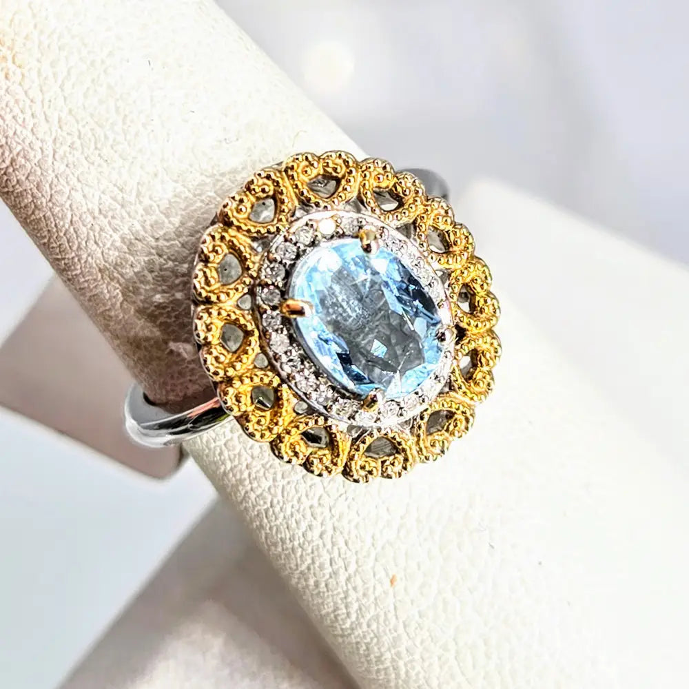 Love Story Sz 7 Ring Caribbean Topaz Diamonds Anti-tarnish Sterling