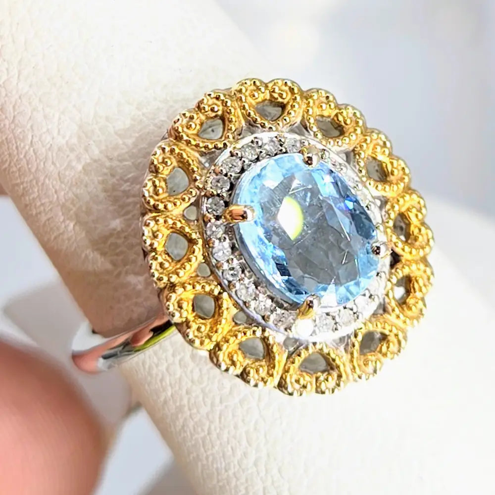 ?LOve Story’ Sz 7 Ring Caribbean Topaz Diamonds Anti-tarnish Sterling