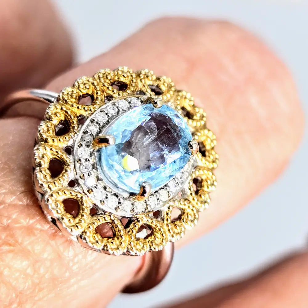 Love Story Sz 7 Ring Caribbean Topaz Diamonds Anti-tarnish Sterling