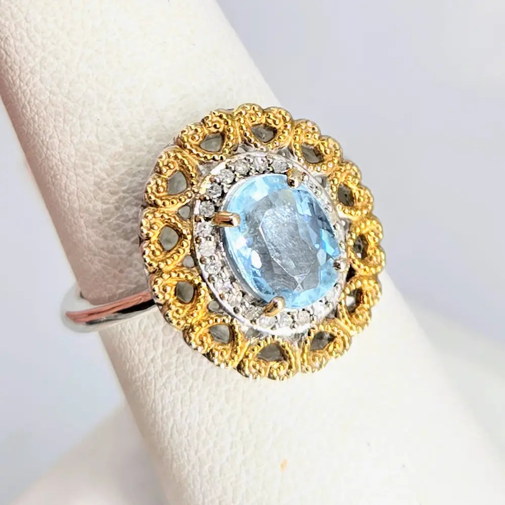 ?LOve Story’ Sz 7 Ring Caribbean Topaz Diamonds Anti-tarnish Sterling