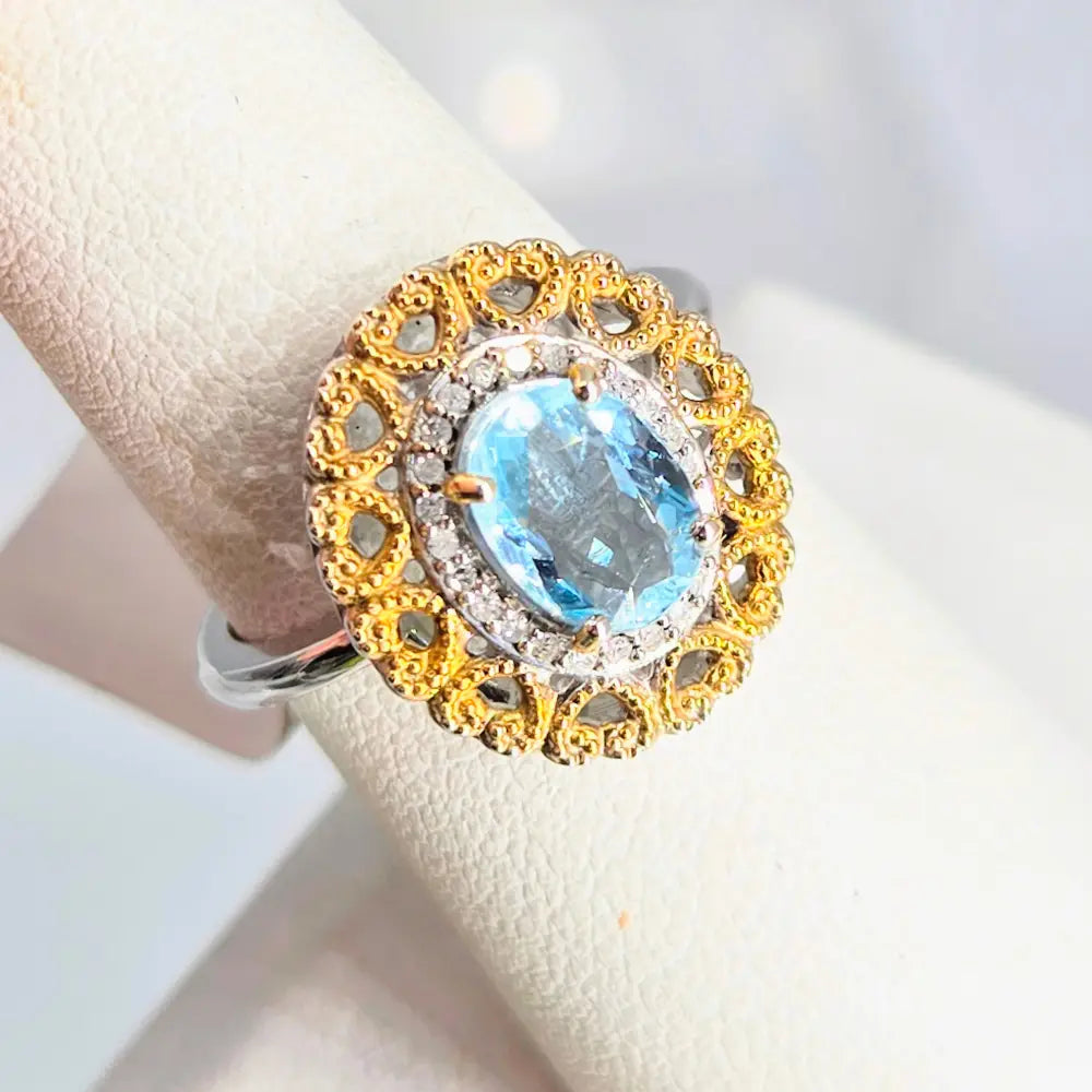 ?LOve Story’ Sz 7 Ring Caribbean Topaz Diamonds Anti-tarnish Sterling