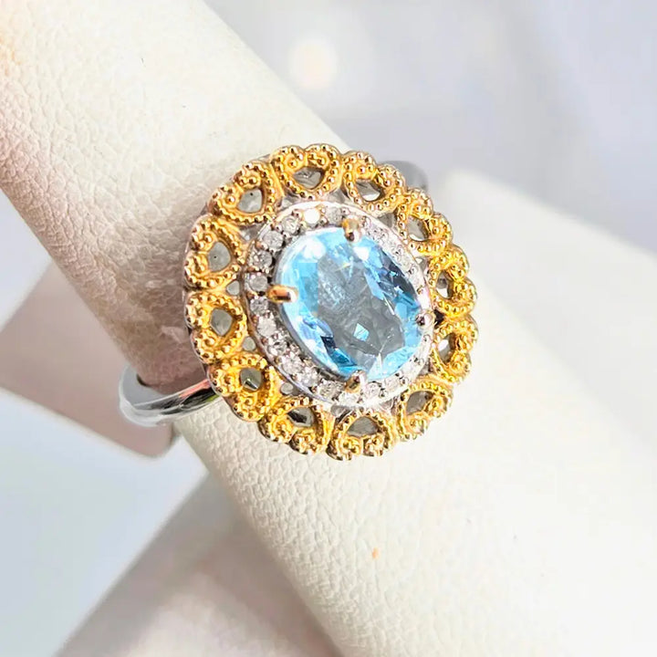 ?LOve Story’ Sz 7 Ring Caribbean Topaz Diamonds Anti-tarnish Sterling
